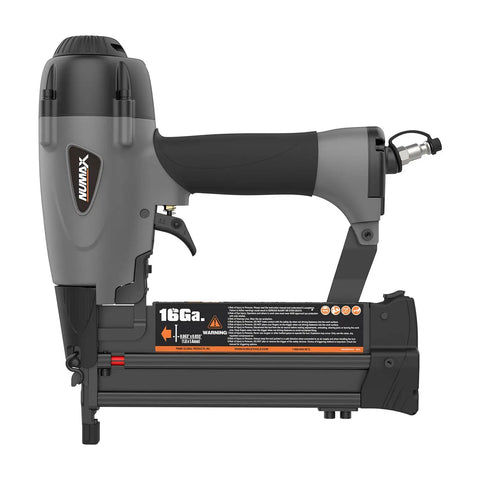 Straight Shooting Pneumatic 3 In 1 Nailer And Stapler Combining 16 Gauge Finish Nails With 18 Gauge Brad Staples For Cabinet Install Furniture Fix Crown Molding And Craft Tasks You Dig side view of the tool showcasing its design and adjustable settings.