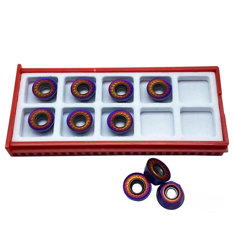 10 Pack RPMT1204 MOE-JS Lathe Turning Inserts With Nano Quenched Blue Coating R6 Chipbreaker, in packaging and loose view