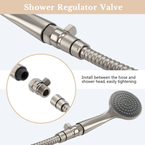 Universal Shower Head Flow Restrictor With G One Half Inch Adapter One Handed Non Slip Lever For Easy Flow Control Fits Most Shower Heads Brushed Nickel Finish installed between hose and shower head