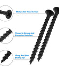 Close-up of Beefy Heavy Duty Drywall Screws For Plasterboard Coarse Thread Bugle Head Phillips Drive Self Tapping Black Phosphate Coating M3.8x16mm 200Pcs Carbon Steel Construction Fasteners For Wood And Drywall Installation showing flat head, strong thread, and sharp tip features.