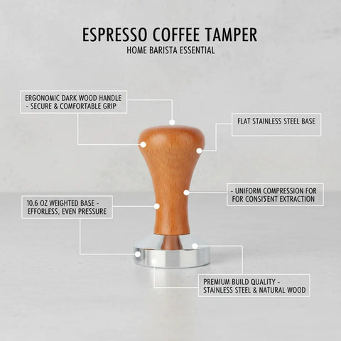 Top Shelf Espresso Coffee Tamper With Polished Stainless Steel Base And Sturdy Wooden Grip To Secure Your Pucks For Flawless Extractions. Ergonomic wooden handle and flat steel base.