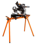 Rock Solid Folding Miter Saw Stand With Quick Three Step Setup And No Sweat Portable Design For Weekend Warrior Woodworking Projects, compact iron frame with saw.