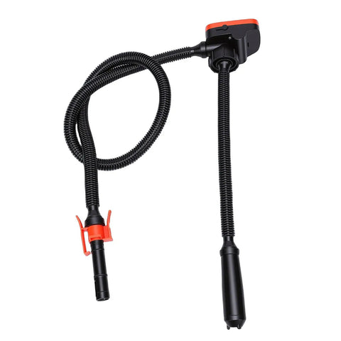 Handy Cordless Fuel Transfer Pump With Built In Rechargeable Battery Makes Moving Gas Super Easy And Fast For Your Car Or Lawn Tractor Without Any Mess Or Hassle At All, showing flexible hose and nozzle.