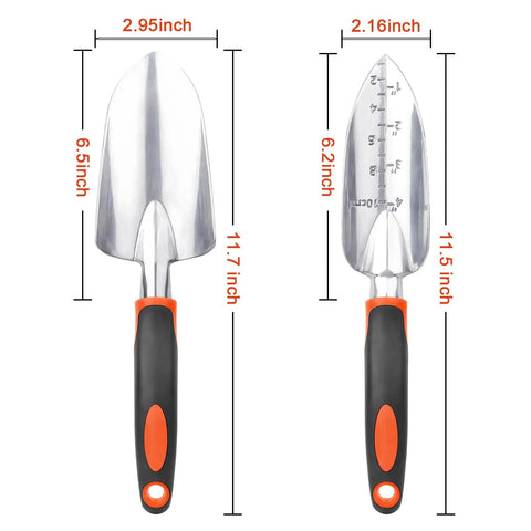 Two Pack Garden Shovel And Trowel Set Heavy Duty For Digging And Planting Includes Wide Trowel With Measurement Mark And Compact Hand Shovel