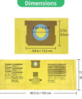 Four Pack Pro Grade High Efficiency Disposable Vacuum Filter Bags For 10 To 14 Gallon Vacuums Type I 90672 Type F 90662 VF2005 Double Layer Reinforced Fine Dust Collection shown with dimensions, yellow color.