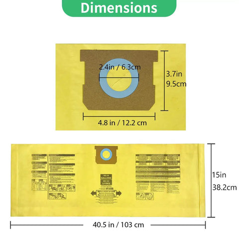 Four Pack Pro Grade High Efficiency Disposable Vacuum Filter Bags For 10 To 14 Gallon Vacuums Type I 90672 Type F 90662 VF2005 Double Layer Reinforced Fine Dust Collection shown with dimensions, yellow color.