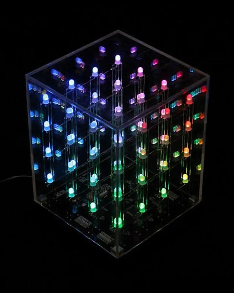 Quad Cube Animated Light Sculpture With 64 RGB LEDs Capable Of 4096 Colors, displaying colorful LEDs in a 4x4x4 arrangement.