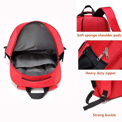 Front view of red Camoredy first aid bag backpack with grey interior and multiple pockets; padded shoulder straps.