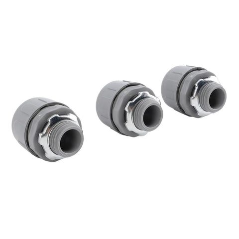 Rock Solid Liquid Tight Conduit Connectors 1 Inch Npt Nylon 6 Electrical Fittings For Outdoor Wiring in grey color, 3 pack.