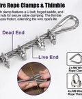 Heavy Duty Three Eighths Inch Stainless Steel Wire Rope Kit 75 Ft With Clamps And Thimbles 7x19 Strands 12,000 Lbs Breaking Strength For Zipline Winch Boat Lift Rigging Marine Use showing wire rope clamps and thimble in use.