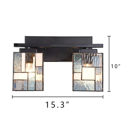 Tiffany Style 2 Light Wall Sconce With Hand Made Stained Glass Shade, 15.3 in wide, blue and white glass, front view