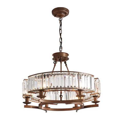 Six Light Vintage Round Crystal Chandelier With Farmhouse Wagon Wheel Vibe Flush Mount Ceiling Light, hanging view