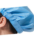 Four Pack Pro Grade Anti Static Workshop Hats For Adults Heavy Duty Polyester Cleanroom Caps Zero Lint Dustproof Safety Gear For The Daily Grind In White Pink Yellow, close-up side view of blue cap.