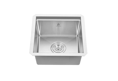 Top view of Workstation Ledge Undermount Single Bowl 304 Stainless Steel Kitchen Sink with grid, cutting board, strainer and clips 15x15 inches.