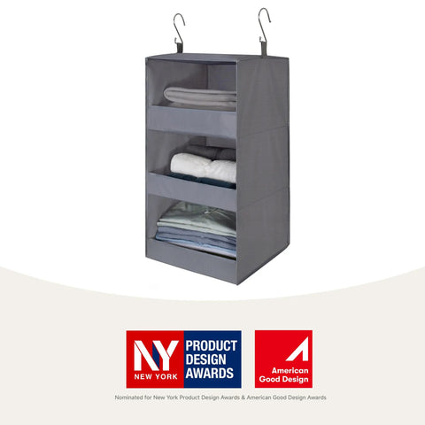 Hella Spacious Three Shelf Hanging Closet Organizer, Foldable Gray Storage Bin For Apartments RV Campers, Straight Up Durable Wardrobe Rack Total Game Changer For Clothes And Accessories