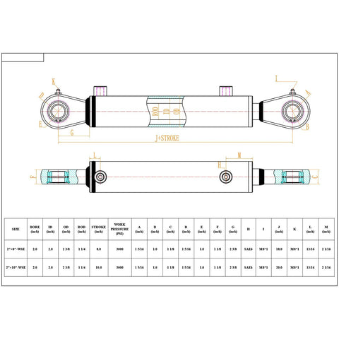 Technical drawing of Double Acting Hydraulic Cylinder With Swivel Eye Workhorse For Tough Jobs, dimensions and specs shown.