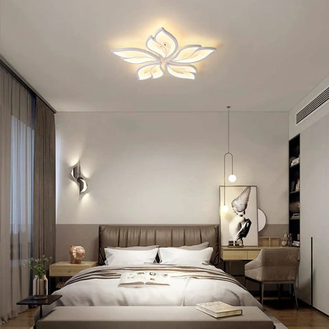 Dope Modern Leaf Ceiling Light 60W Dimmable LED With Remote Control in bedroom setting, soft illumination.