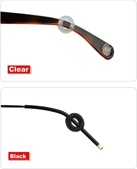 Clear and black silicone glasses ear grips on eyewear temples, Silicone Glasses Ear Grips Set No Slip Ear Hooks And Temple Retainers.