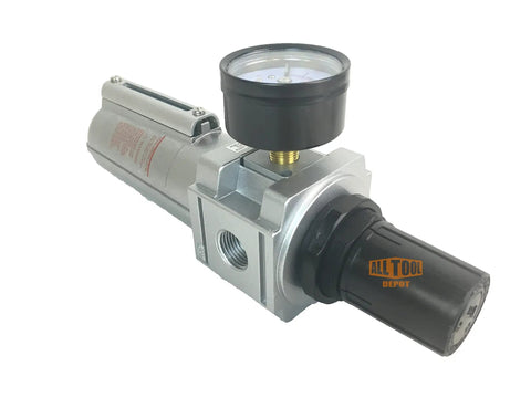 Heavy Duty Three Quarter Inch NPT In Line Air Filter Regulator Combo With Metal Bowl, Five Micron Element, side view