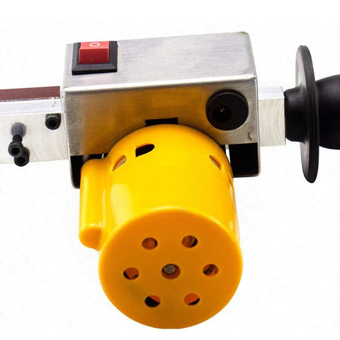 Close-up of the motor and control switch on Nifty Mini Electric Belt Sander Packed With A Grippy Handle And Ten Sturdy.4 By 13 Inch Sanding Belts Boasts Seven Smooth Speed Settings For No Sweat Wood Crafting And Fast Metal Polishing Daily.
