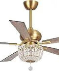 Gold Crystal Chandelier Ceiling Fan With Remote, 52 Inch Modern Low Profile Light Fixture featuring 5 wooden blades and crystal accents.