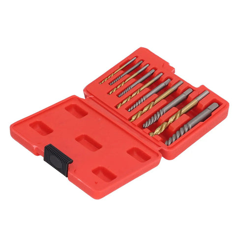 Heavy Duty 10 Piece Screw Extractor Set With Left Hand Drill Bits Perfect For Breaking Loose Stripped Or Broken Screws In Metal And Wood Surfaces Including CR MO Spiral Flute Bits Plus Storage Box For Easy Garage And Shop Jobs red case open with 10 drill bits