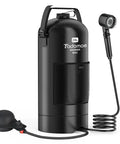 On The Go Solar Heated Camp Shower Bag 5 Gal 20L with foot pump, black, PVC mesh fabric, shower head and sprayer visible