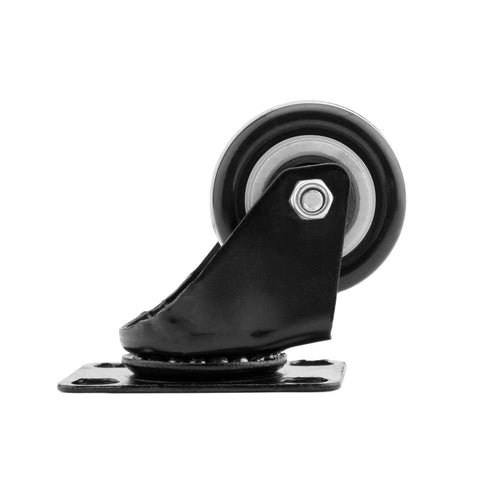 Swivel caster wheel side view, 1.5-inch black polyurethane wheel with top-plate mounting