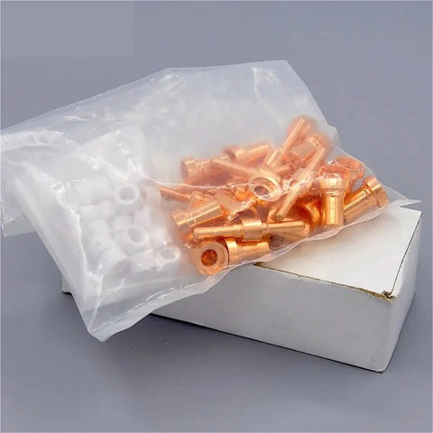 Grab Your 60-Piece Plasma Cutter Consumable Kit With PT31 Ceramic Nozzles For LG40 Torch Air Cutting Gear displayed in a package.