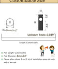 Diagram showing customizable dimensions for 12 Inch Brass Finish Metal Shelf Guard Rail Set including pole diameter and length.