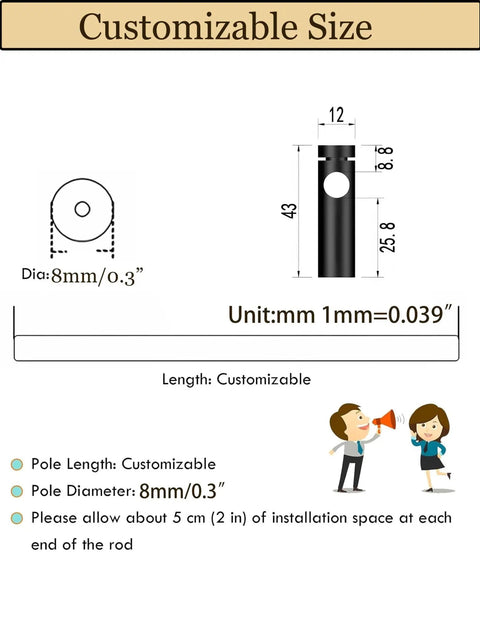 Diagram showing customizable size of Anti Fall Metal Shelf Guard Rail with 8mm diameter for shelves, unit in millimeters.