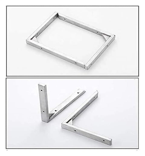 Rock Solid Stainless Steel Corner Bracket With Reinforced L Brace Design For Wall Mounted Shelving And Heavy Load Support No Sweat Setup Built Tough For Garage Workshop Diy Projects displayed from multiple angles, showcasing sturdy steel construction.