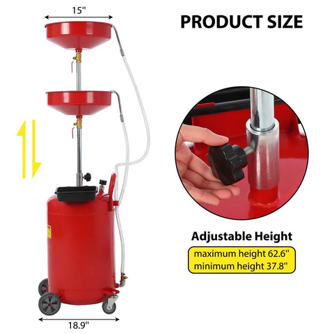 Sierra Squad 20 Gallon Waste Oil Drain Tank Portable Fluid Transfer Drum showing adjustable height mechanism and funnel size.