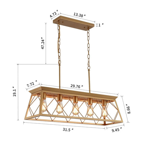 Five Light Gold Modern Farmhouse Chandelier For Kitchen Island with dimensions and chain design, UL Listed