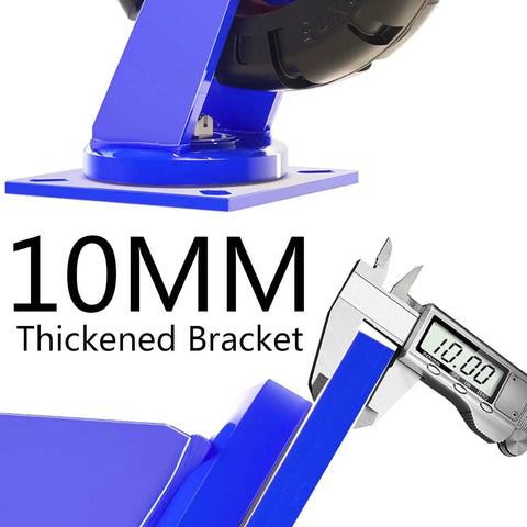 Close-up of 10mm thickened bracket of Heavy Duty Garage Casters With Hard As Nails Solid Rubber Tires.