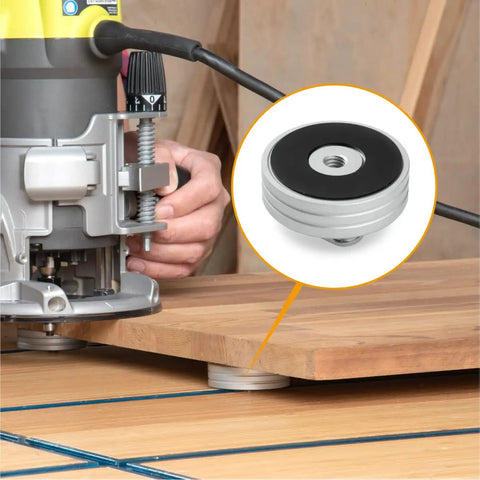 Round T Track Stop 2 Pack Pro Grade for woodworking, shown stabilizing a wooden panel during routing with rubber base visible.