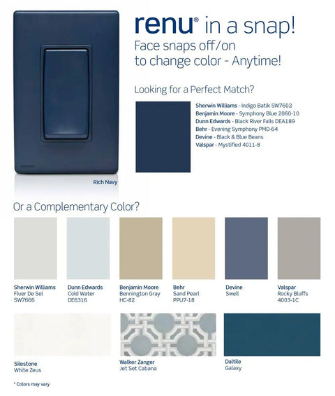 Renu One Gang Screwless Snap On Wall Plate No Subplate Needed In Rich Navy, color options and style suggestions shown.