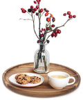 12 Inch Round Acacia Wood Serving Tray Super Sturdy Natural Kitchen Counter Dish Holder Lazy Susan Cake Platter Dinnerware with cookies and tea.