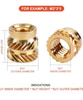 Get Your Hands On These Badass Knurled Insert Nuts Made From Solid Brass For Hot Melt Installation In Wood Or Plastic Strong Threads Hold Tight And Last Forever With M2 Through M6 Sizes Perfect For Any Serious DIY Job You Need Right Now. Brass insert nuts with dimensions for M3 size, showing inner and outer diameters.