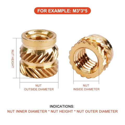 Get Your Hands On These Badass Knurled Insert Nuts Made From Solid Brass For Hot Melt Installation In Wood Or Plastic Strong Threads Hold Tight And Last Forever With M2 Through M6 Sizes Perfect For Any Serious DIY Job You Need Right Now. Brass insert nuts with dimensions for M3 size, showing inner and outer diameters.