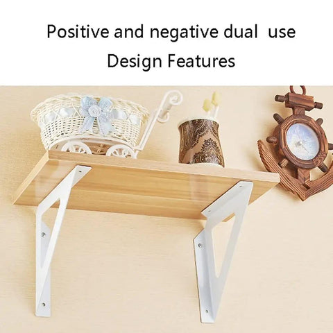 Super Heavy Duty Wrought Iron Shelf Brackets Corner Wall Mounts support wooden shelf with white metal brackets.