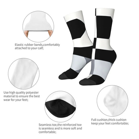 Upgrade Your Fit With Black And White Piano Grid Print Socks For Men And Women Moisture Wicking Polyester Crew Socks with elastic bands