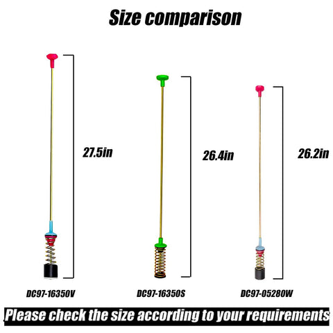 Size comparison of washer damper assembly models DC97-16350V, DC97-16350S, DC97-05280W showing lengths.