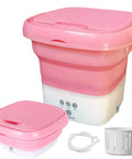 Pink compact foldable portable washing machine with spin dryer bucket for travel, home laundry, and delicates.