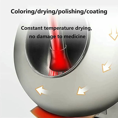 Close-up view of the Kickass Commercial Sugar Coating Machine And Electric Candy Polisher showing coloring and drying functions.