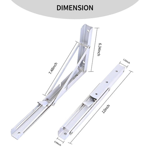 Dimensions of Heavy Duty 2 Pack Folding Shelf Brackets In Corrosion Resistant Stainless Steel with hinges and angles.