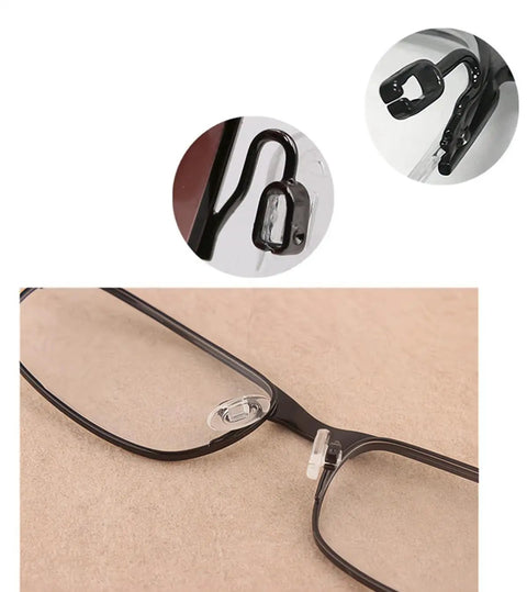 Close-up of Slide Right In Nose Pads 5 Pairs Ultra Smooth Silicone Glasses Replacement Anti Slip Oval Eyewear Cushions on black frames.
