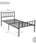 Built Tough Twin Metal Platform Bed Frame Featuring Heavy Steel Slats And Smart Underbed Storage For Zero Creak Peace Of Mind And Rock Steady Support In Glossy Black, side view dimensions.