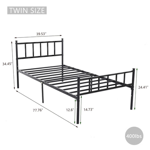 Built Tough Twin Metal Platform Bed Frame Featuring Heavy Steel Slats And Smart Underbed Storage For Zero Creak Peace Of Mind And Rock Steady Support In Glossy Black, side view dimensions.