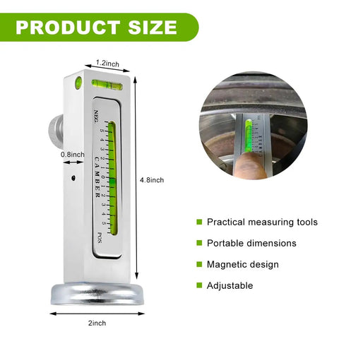 Magnetic Wheel Alignment Gauge measuring 2x4.8 inches, designed for accurate camber adjustments for car truck RV service.